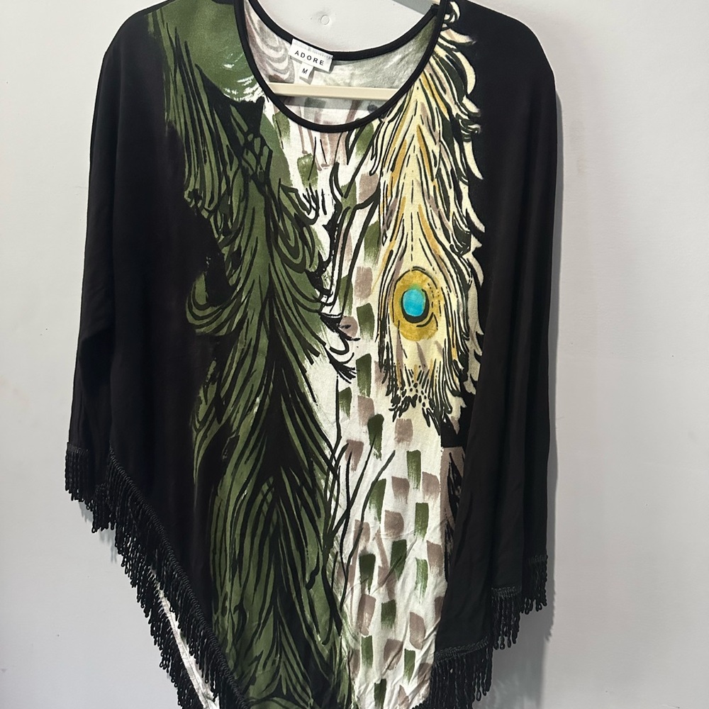 Boho Feather Print Poncho with Fringe